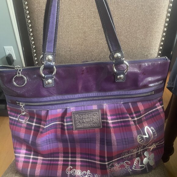 COACH Poppy Plaid Glam Tote Purple red Patent leather trim Bag - Picture 2 of 14